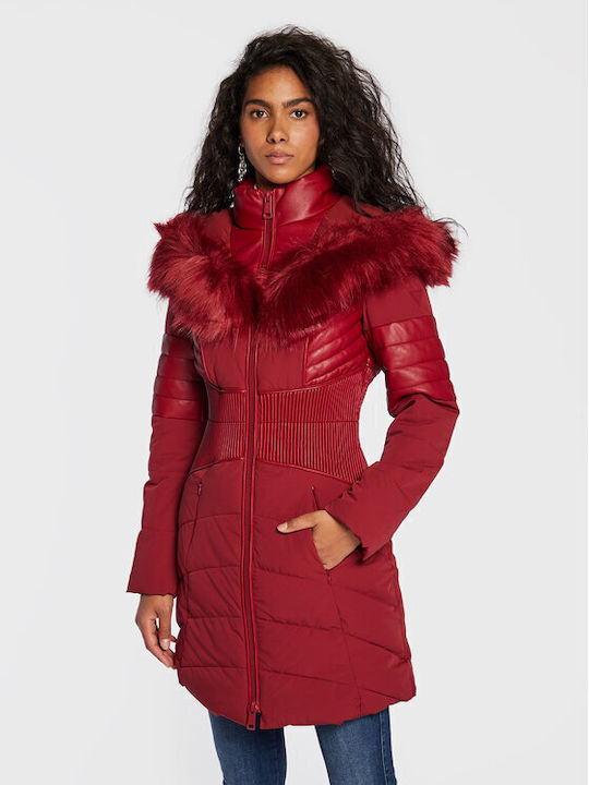 Guess Μακρύ Γυναικείο Puffer Μπουφάν με Γούνινη Κουκούλα για Χειμώνα Κόκκινο