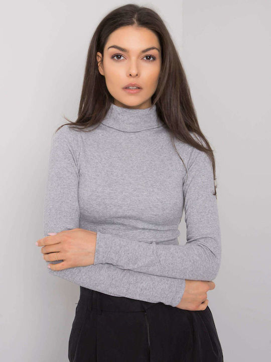 Rue Paris Women's Blouse Cotton Long Sleeve Turtleneck Gray