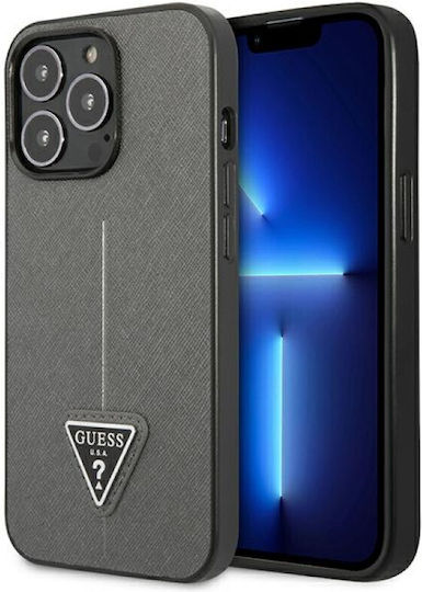 Guess Saffiano Triangle Logo Umschlag Rückseite Kunststoff Silber (iPhone 14 Pro Max)