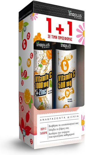 Ino Plus Vitamin C 1000mg + Zinc & Vitamin C 500mg Vitamin For Immune Boosting Skin & Antioxidant Action Orange 2 x 20 Effervescent Tablets