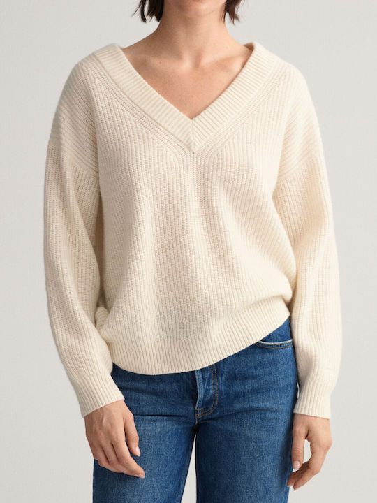 Gant Women's Long Sleeve Sweater Woolen with V Neckline Beige
