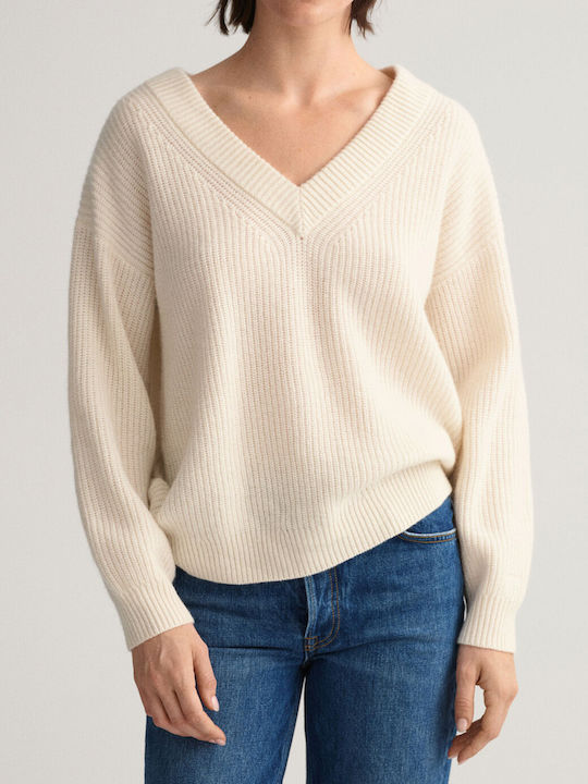 Gant Damen Langarm Pullover Wolle mit V-Ausschnitt Beige