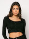 Noobass Damen Crop Top Langarm Schwarz