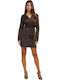 Alya Mini Evening Shirt Dress Satin Wrap Dark Brown