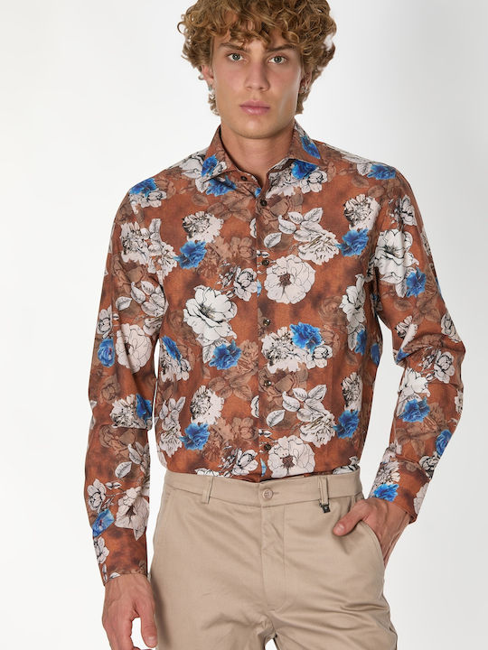 Long-sleeved Cotton Shirt Floral Brown