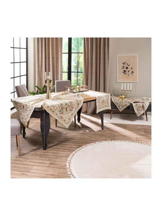Teoran NX516 Linen Checkered Tablecloth with Embroidery Set 5pcs Beige 135x135cm