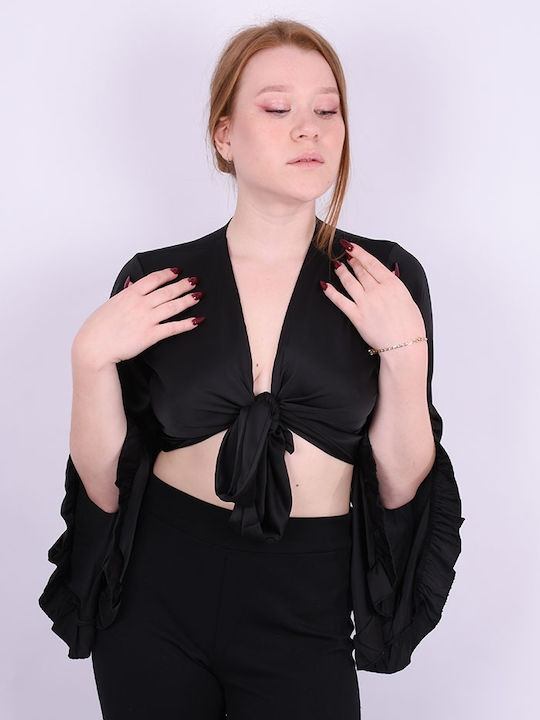 Langärmeliges Damen-Crop-Top Schwarz