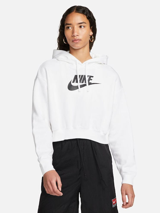 Nike Cropped Γυναικείο Φούτερ με Κουκούλα Λευκό