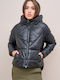 Only Women's Short Puffer Artificial Leather Jacket for Winter with Hood Black