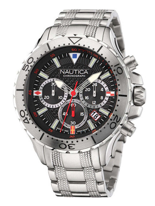 Nautica Herrenuhr 46mm Chronograph Batterie mit Silber Metallarmband