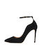 Mourtzi Suede Pointed Toe Stiletto Black High Heels with Strap