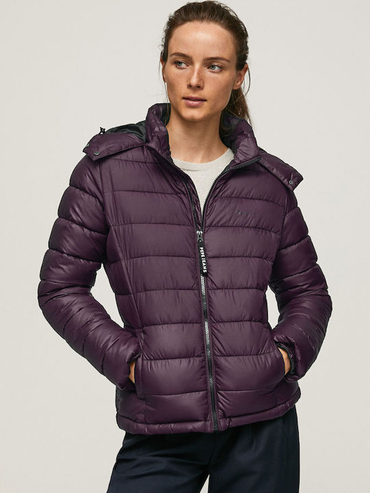 Alexa Women's Short Puffer Jacket Waterproof for Winter with Detachable Hood Purple