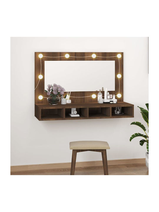 vidaXL Rectangular Bathroom Mirror Led made of Particle Board with Shelf & Cabinet 90x31.5cm Brown