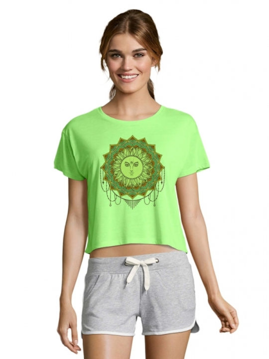 Crop Top with Yoga - Pilates 47 print in neon green color