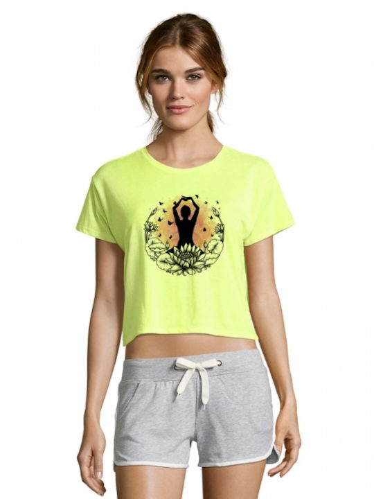 Crop Top with Yoga - Pilates 11 print in neon yellow color