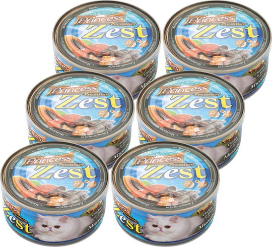 Princess Premium Zest Мокра Храна за Възрастни Котки в Може да с Пилешко, Миди и Риба тон 6x170гр
