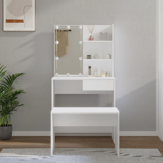 Floor-standing Makeup Dressing Table Bedroom Wooden White with Mirror and Stool 74.5x40x141cm