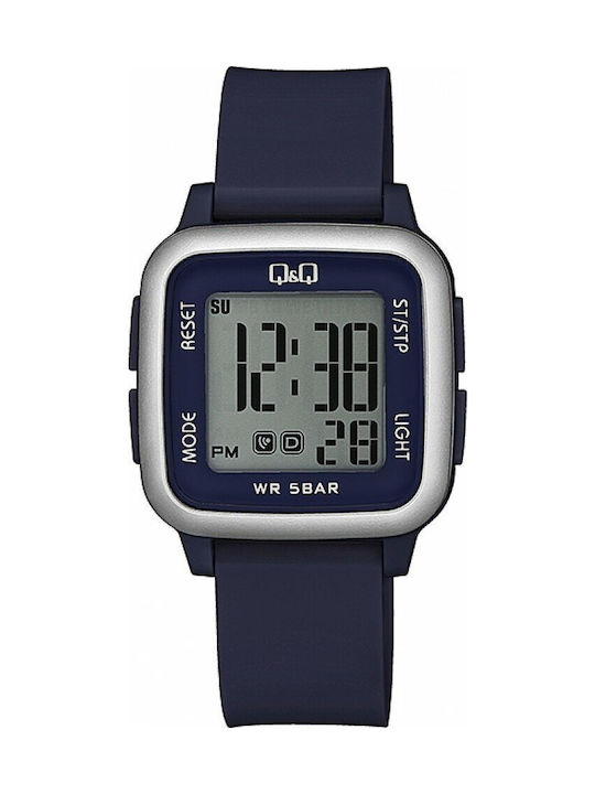 Q&Q Digital Watch Chronograph Battery with Blue Rubber Strap