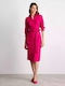 Midi Shirt Dress Dress 3/4 Sleeve Wrap Fuchsia