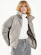 Glamorous Women's Short Puffer Artificial Leather Jacket for Winter Gray