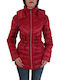 Women's Short Puffer Jacket for Winter with Detachable Hood Red