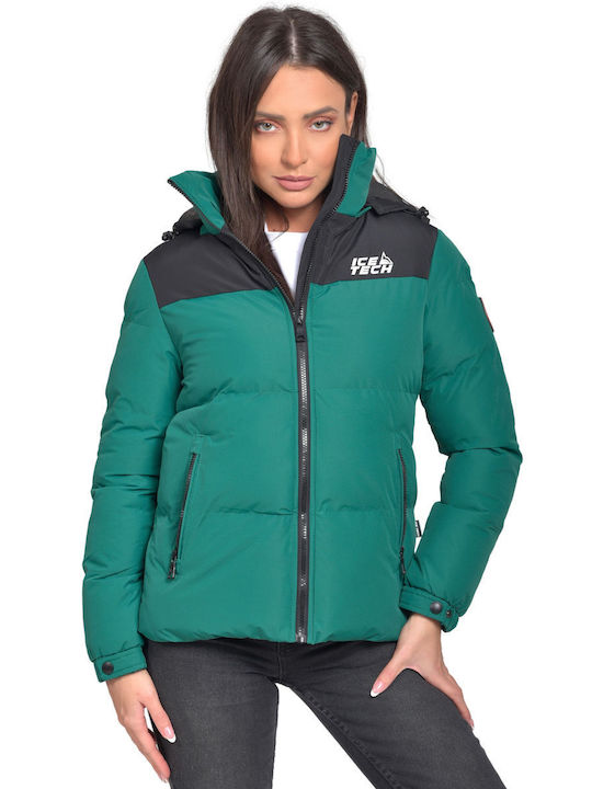 Ice Tech Women's Short Puffer Jacket for Winter with Hood Green