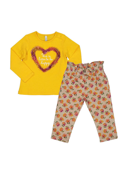 Set - Orange blouse with 3D heart and beige floral pants