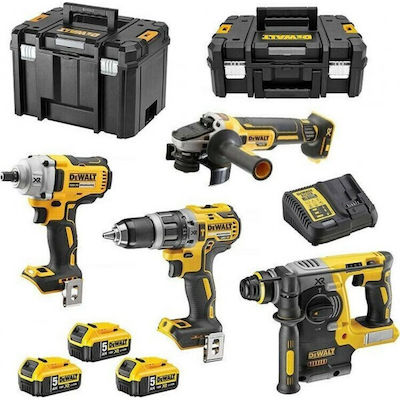 Dewalt Set Roată unghiulară & Mașină de găurit cu impact & Șurubelniță cu impact & Ciocanul 18V cu 3 baterii 5Ah și husă