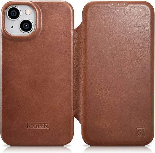 iCarer CE Oil Wax Premium Leather Folio Book Δερμάτινο Καφέ (iPhone 14)