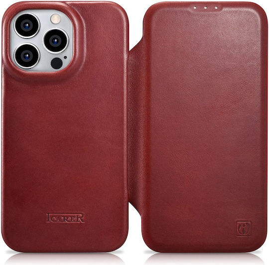 iCarer CE Oil Wax Premium Leather Folio Book Leather Red (iPhone 14 Pro)