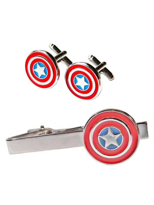 Set Herren Original Herrenmode Manschettenknöpfe und Stahl Krawattenklammer in Silber Superhelden Captain America