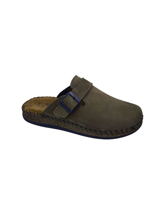 Men's Tatoo leather chambray slipper - Olive leather