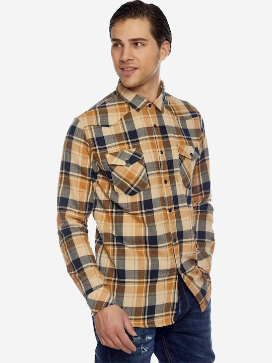 Long-sleeved Cotton Shirt Checked Ochre