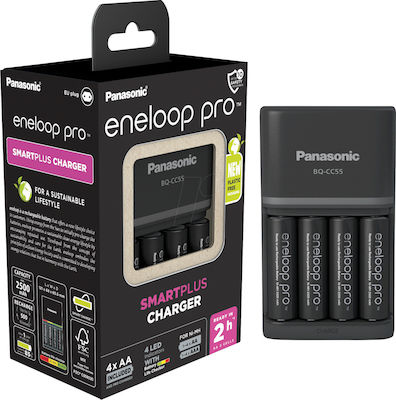 Panasonic Eneloop Pro Smart Plus BQ-CC55 Charger 4 Batteries Ni-MH Of Size /A/A/ /A/A/A/ / / / / / / / / / Set with 4x AA 2500mAh