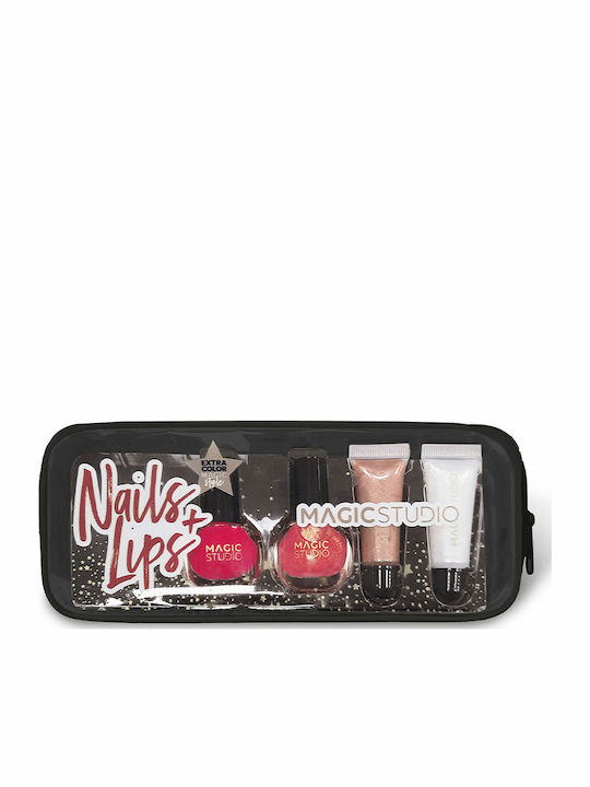 Magic Studio Nails and Lips Makeup Set for Lips with Toiletry Bag Colorful 5 Pieces