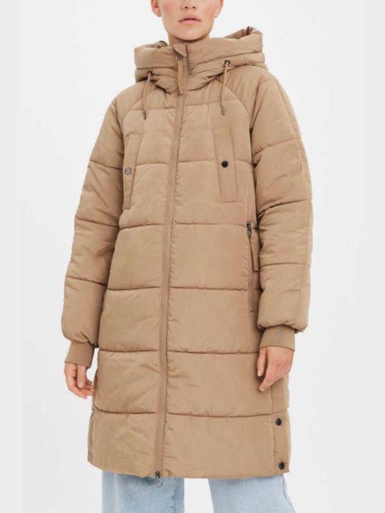 Vero Moda Women's Long Puffer Jacket for Winter with Hood Beige