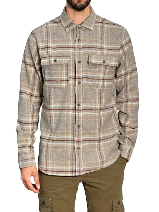 3Guys Curtis Men's Shirt Long Sleeve Checked Beige