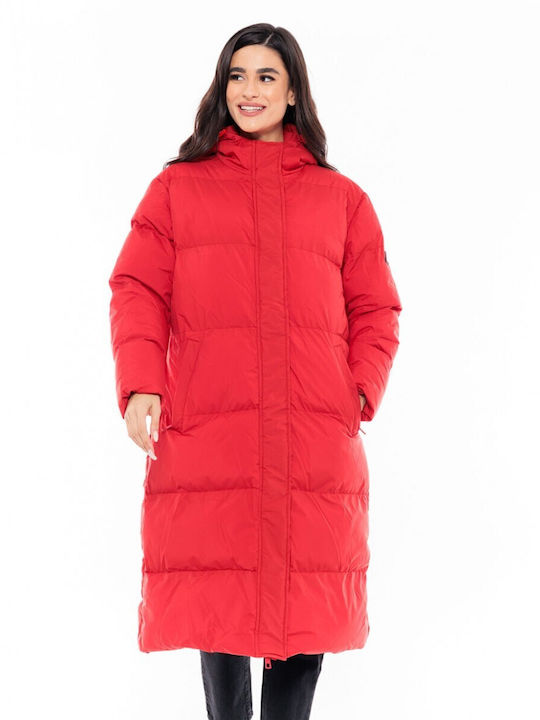 Biston Women's Long Puffer Jacket for Winter with Hood Coral