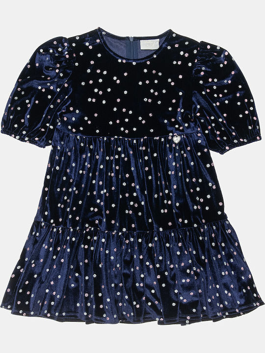 Children's Dress Short Sleeve Velvet Polka Dot Blue