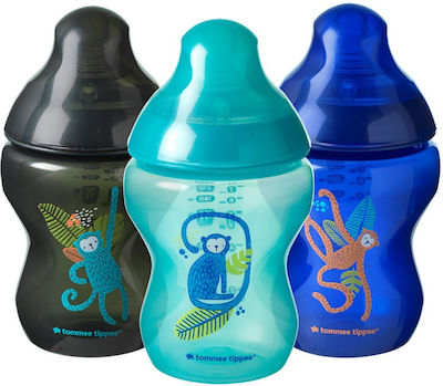 Tommee Tippee Set aus Plastikflaschen Jungle Gegen Koliken mit Silikonsauger für 0+, 0+ m, Monate Blue Dschungel 260ml 3Stück