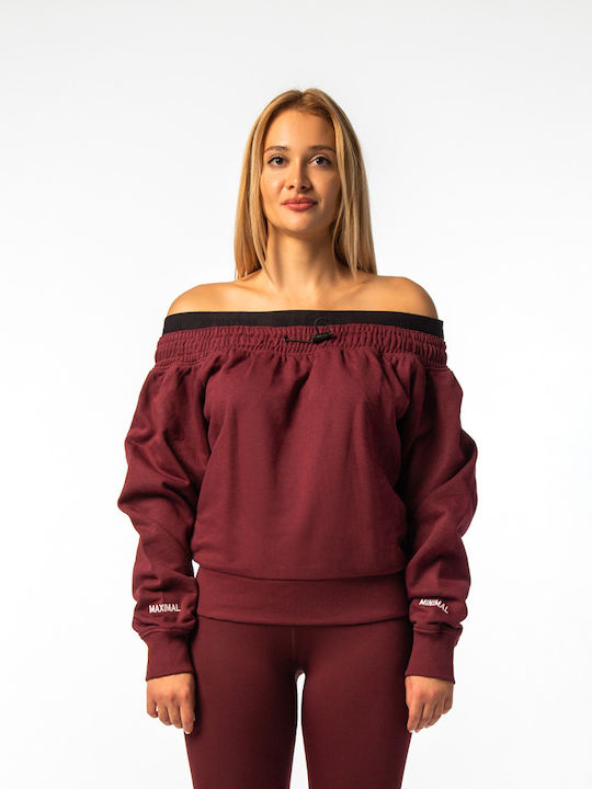 Γυναικεία Μπλούζα Βαμβακερή Off-Shoulder Μακρυμάνικη με Κουκούλα Μπορντό