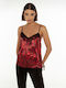 Women's Satin Lingerie Top with Lace Red