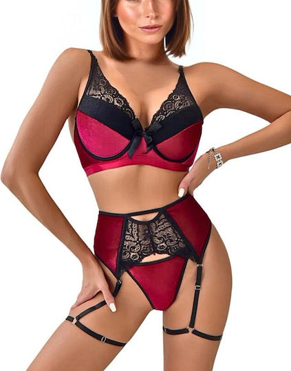 La Lolita Amsterdam Sexy Σετ Εσωρούχων με Δαντέλα & Ζαρτιέρες Μπορντό