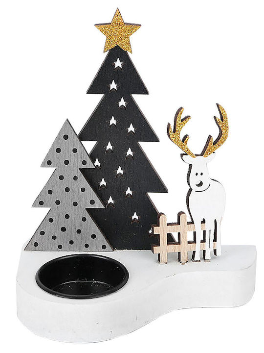 XMASfest Christmas Wood Candlestick 14.5x12cm with Reindeer