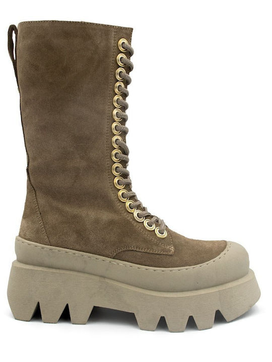 Suede Medium Heel Women's Boots with Laces / Zipper Silvy Beige