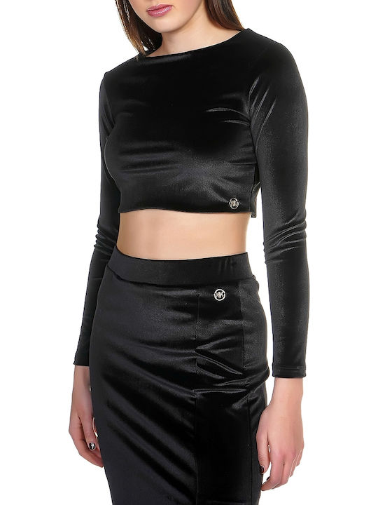 Damen Crop Top Langarm Schwarz