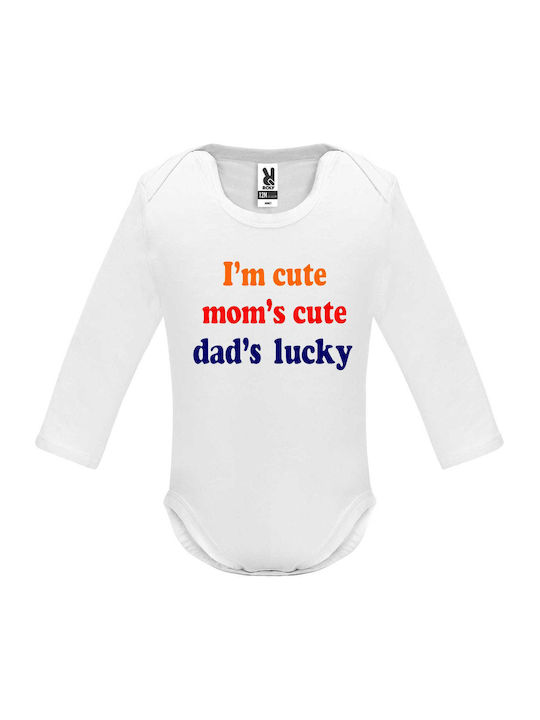 Baby Bodysuit "I am cute, Mom is cute, Dad is lucky", White