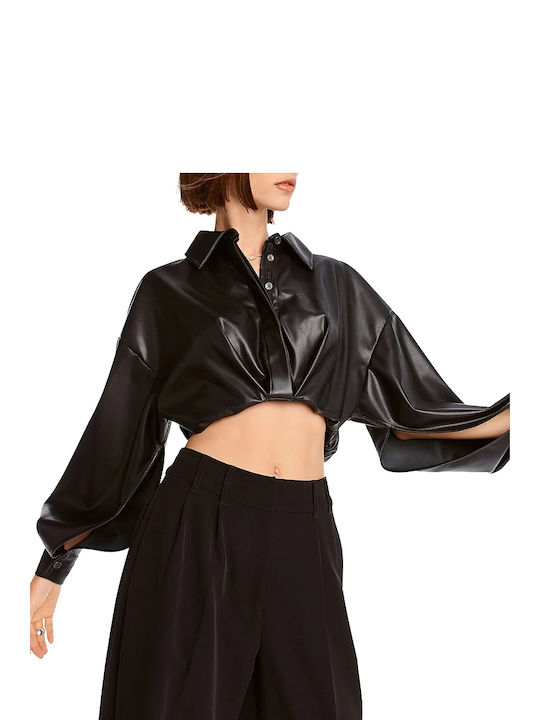 DKNY Women's Leather Long Sleeve Shirt Black