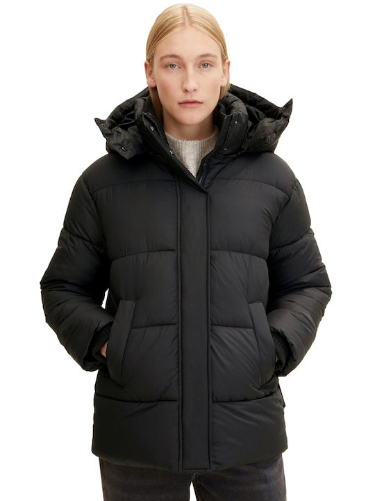 Tom Tailor Women's Short Puffer Jacket for Winter with Hood Black