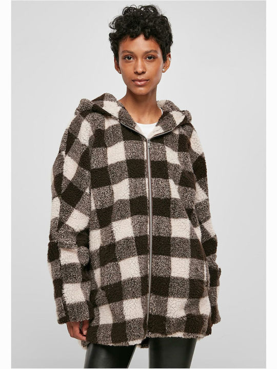 Sherpa Women's Checked Pink/Brown Coat Oversized with hood